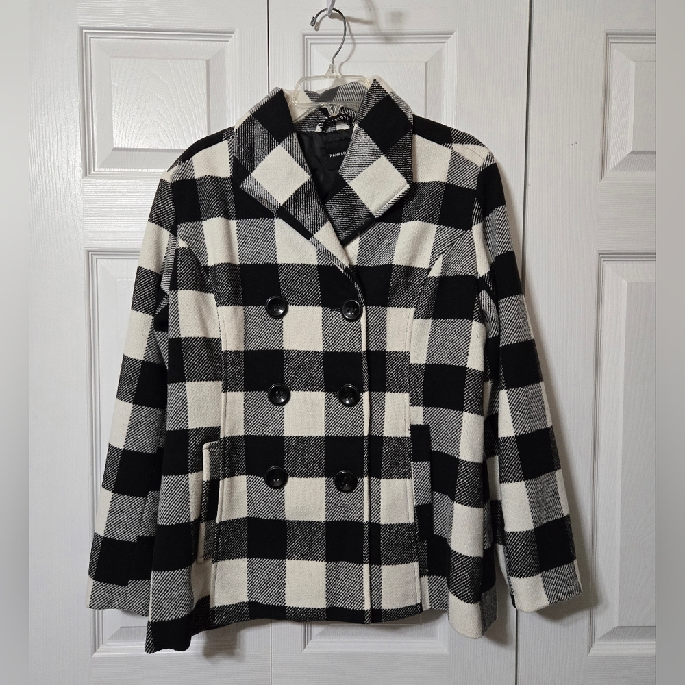 Double Breasted Plaid Pea Coat Jacket w/Pockets, Fully Lined, Large, Like New